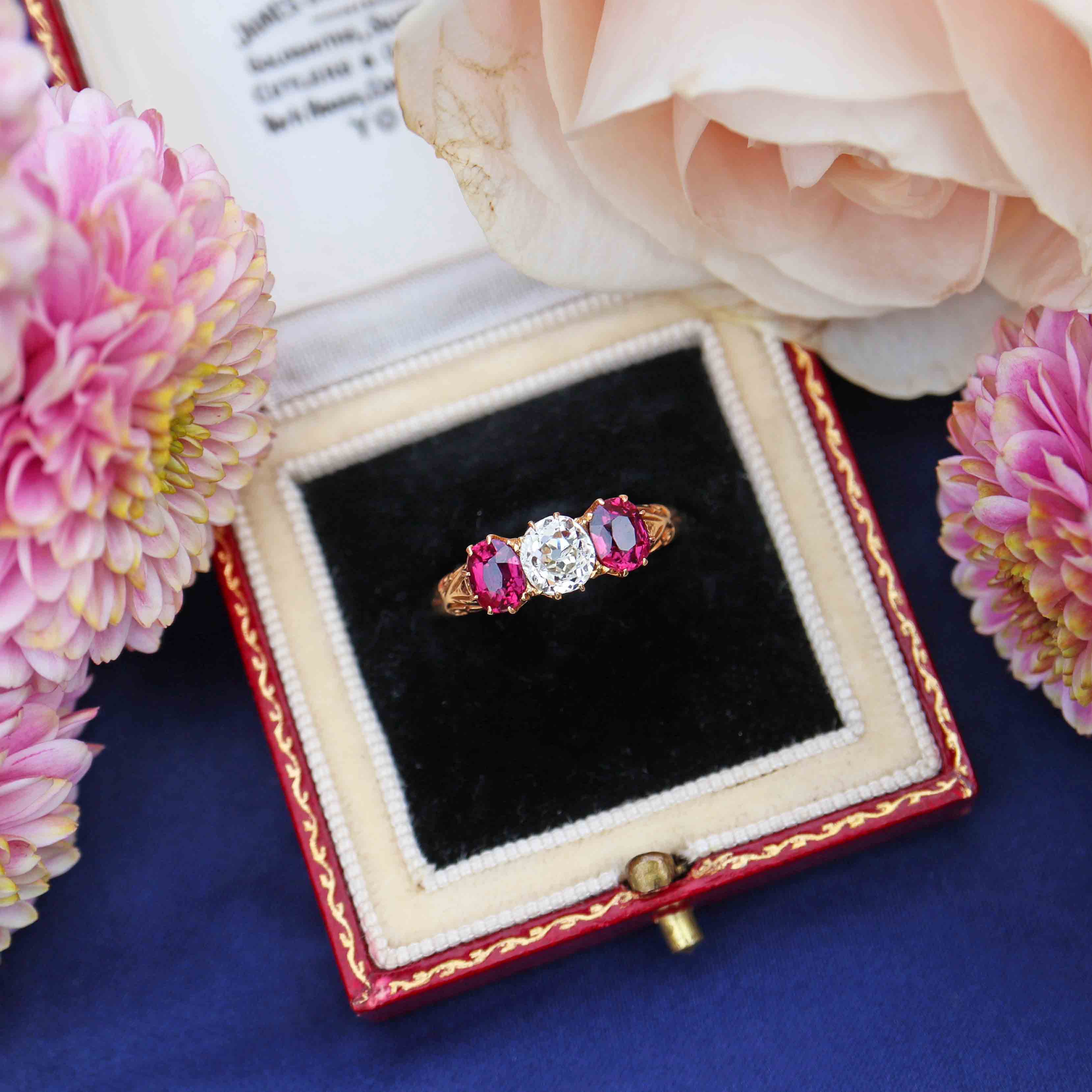 Ellibelle Jewellery Antique Old-Cut Diamond & Ruby 18ct Gold Three-Stone Ring