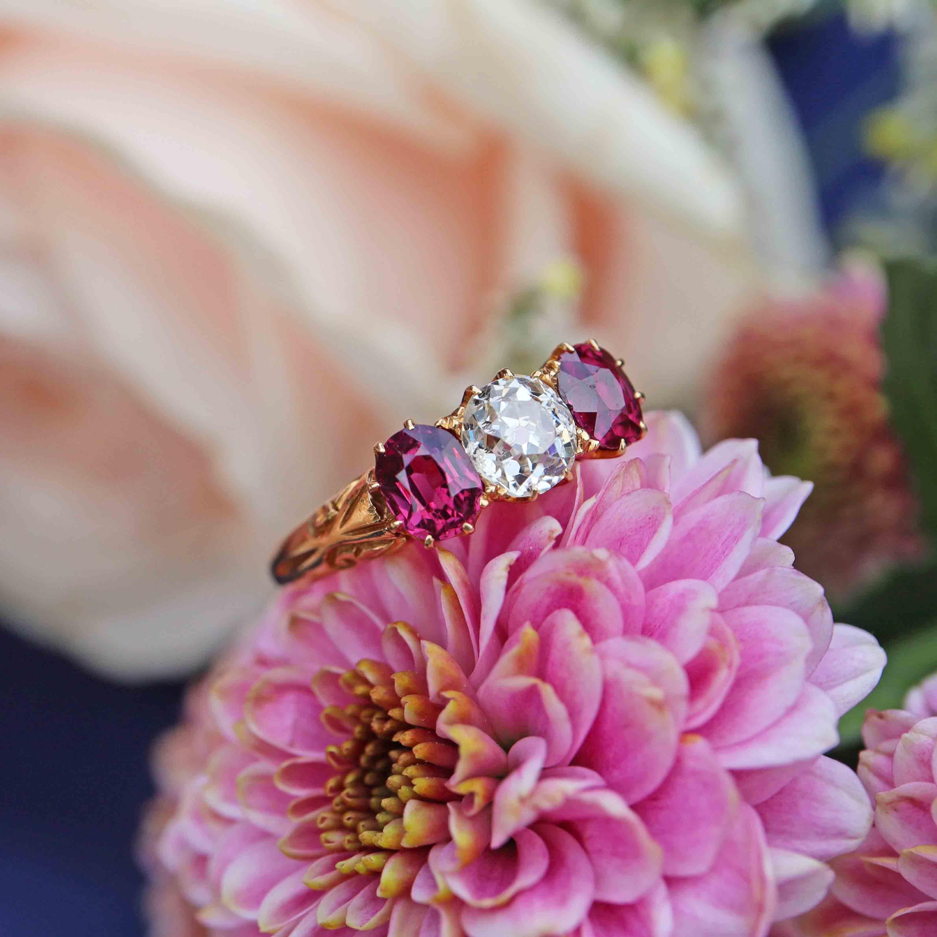 Antique Ruby Diamond 18ct Gold Three-Stone Engagement Ring