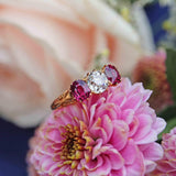 Ellibelle Jewellery Antique Old-Cut Diamond & Ruby 18ct Gold Three-Stone Ring