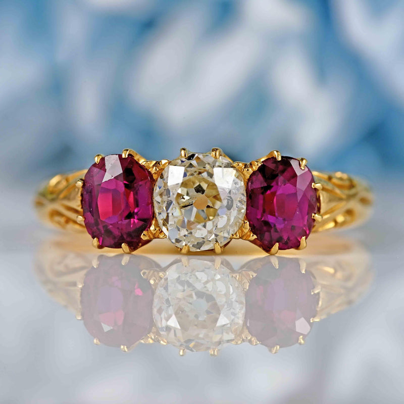 Ellibelle Jewellery Antique Old-Cut Diamond & Ruby 18ct Gold Three-Stone Ring