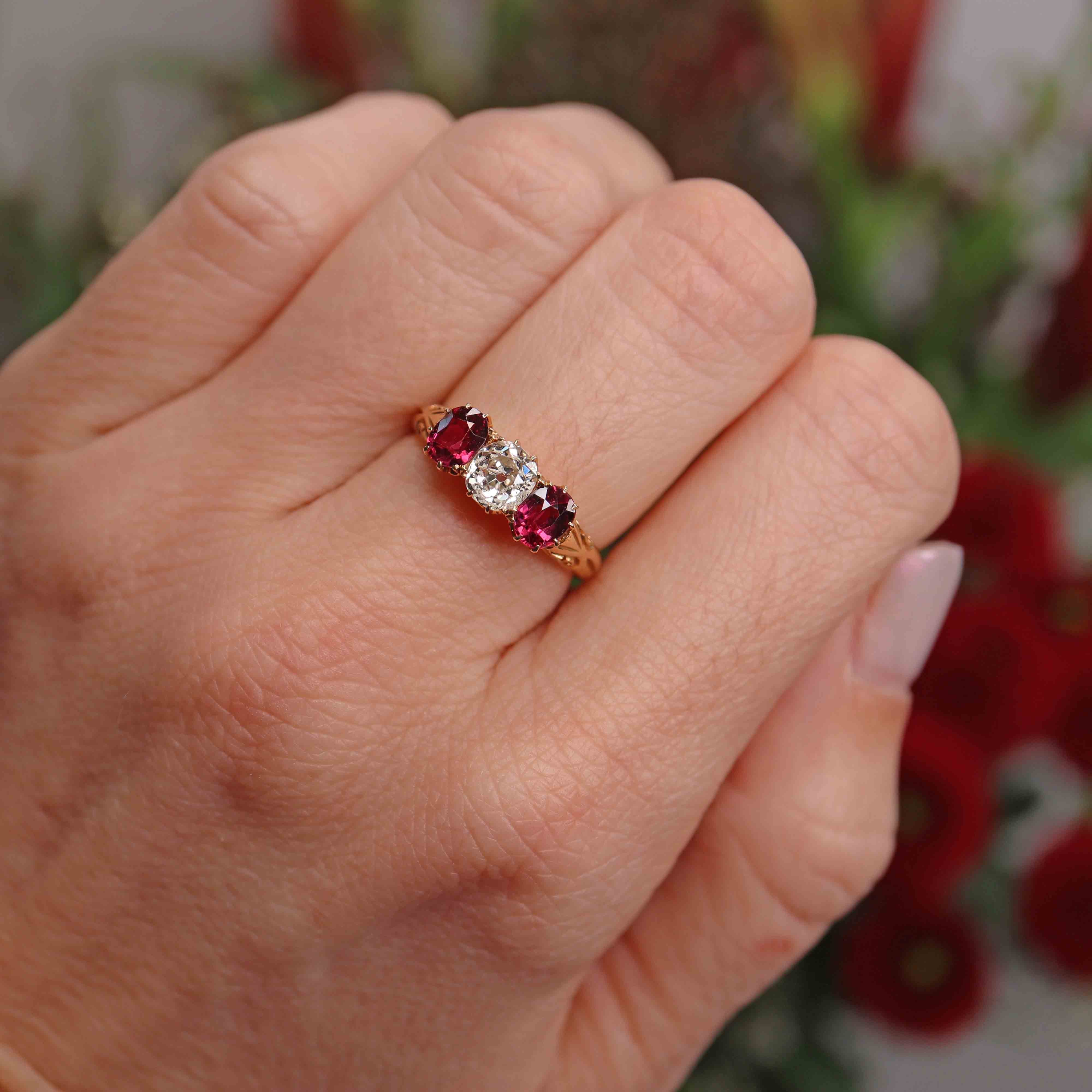 Ellibelle Jewellery Antique Old-Cut Diamond & Ruby 18ct Gold Three-Stone Ring