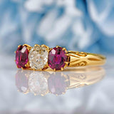 Ellibelle Jewellery Antique Old-Cut Diamond & Ruby 18ct Gold Three-Stone Ring