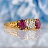 Ellibelle Jewellery Antique Old-Cut Diamond & Ruby 18ct Gold Three-Stone Ring