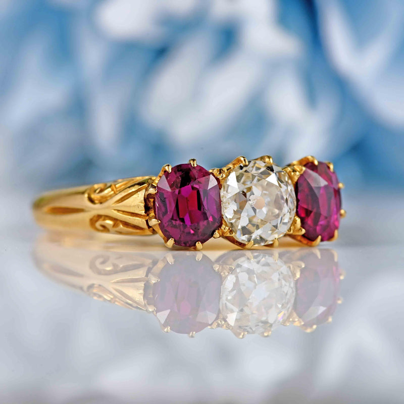 Ellibelle Jewellery Antique Old-Cut Diamond & Ruby 18ct Gold Three-Stone Ring