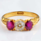 Ellibelle Jewellery Antique Old-Cut Diamond & Ruby 18ct Gold Three-Stone Ring