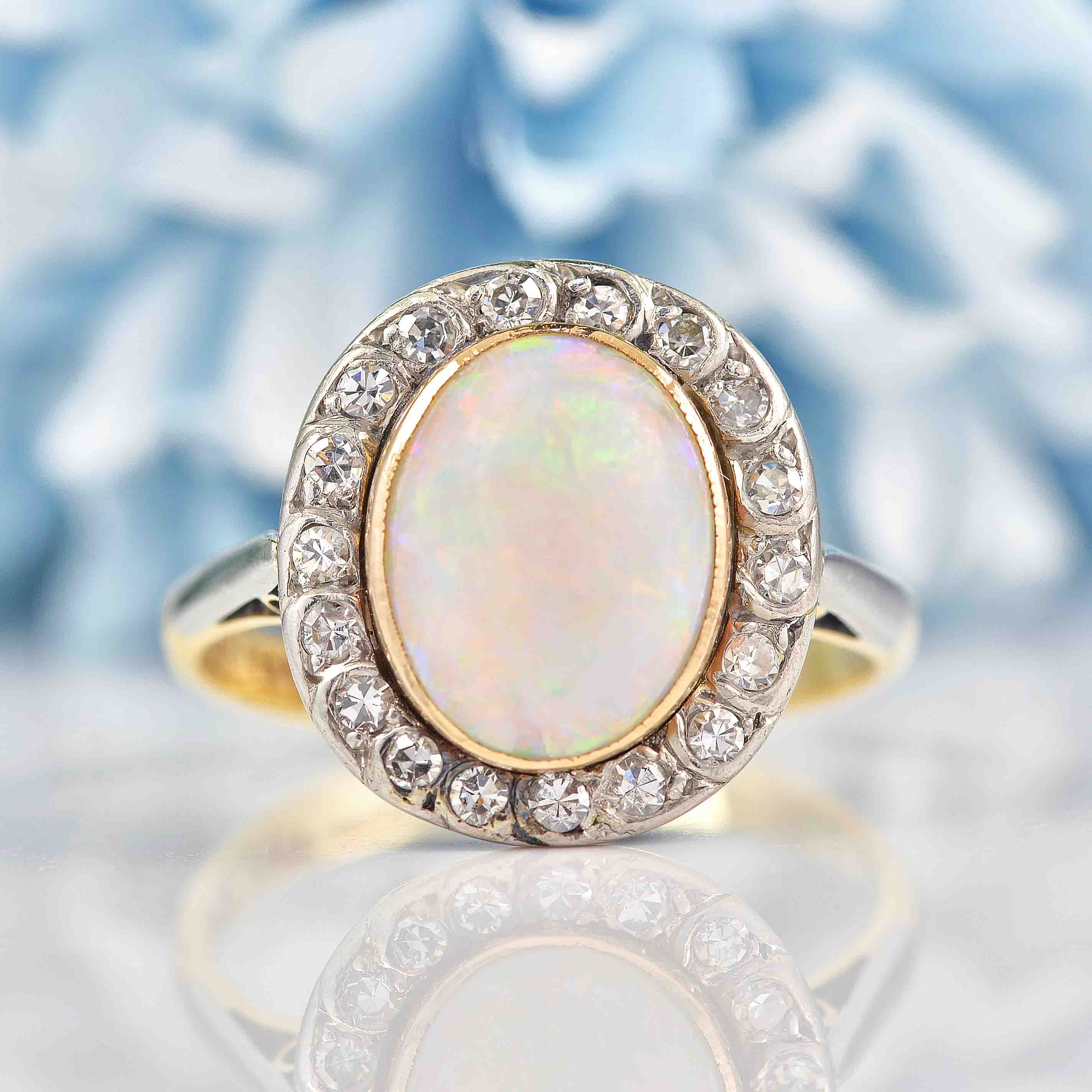 Ellibelle Jewellery Antique Opal & Diamond 18ct Gold Platinum Cluster Engagement Ring