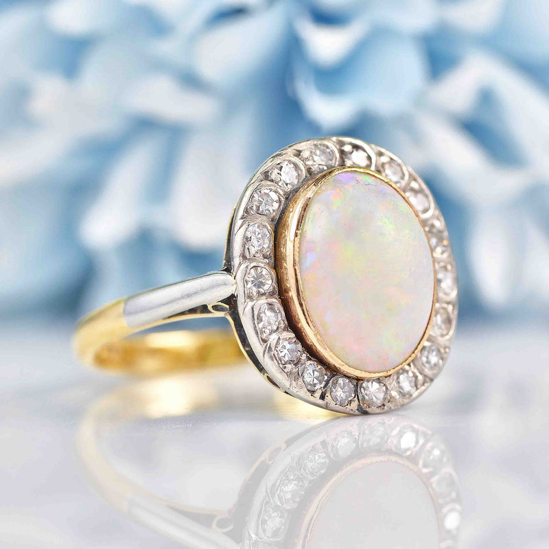 Ellibelle Jewellery Antique Opal & Diamond 18ct Gold Platinum Cluster Engagement Ring