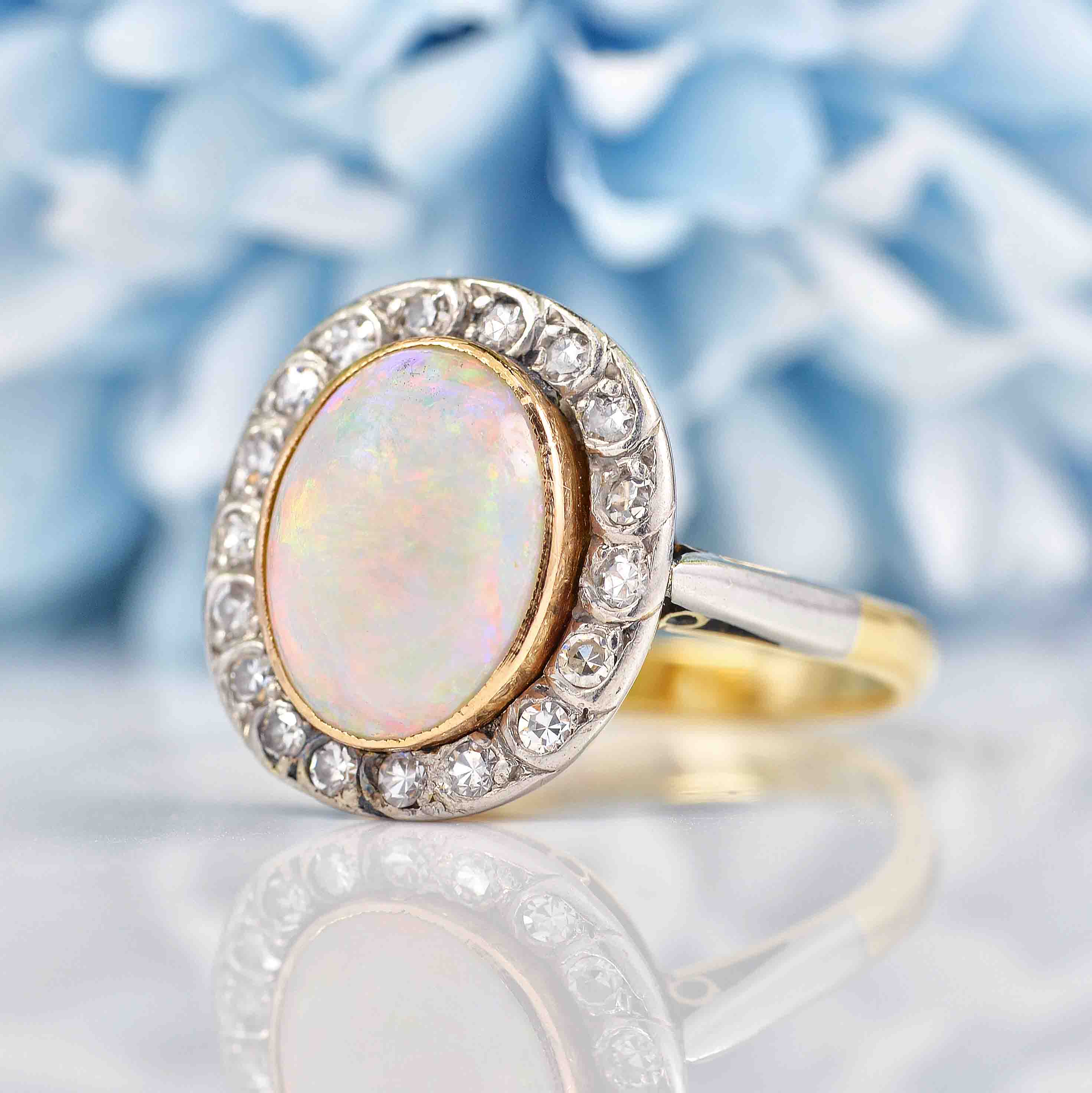 Ellibelle Jewellery Antique Opal & Diamond 18ct Gold Platinum Cluster Engagement Ring