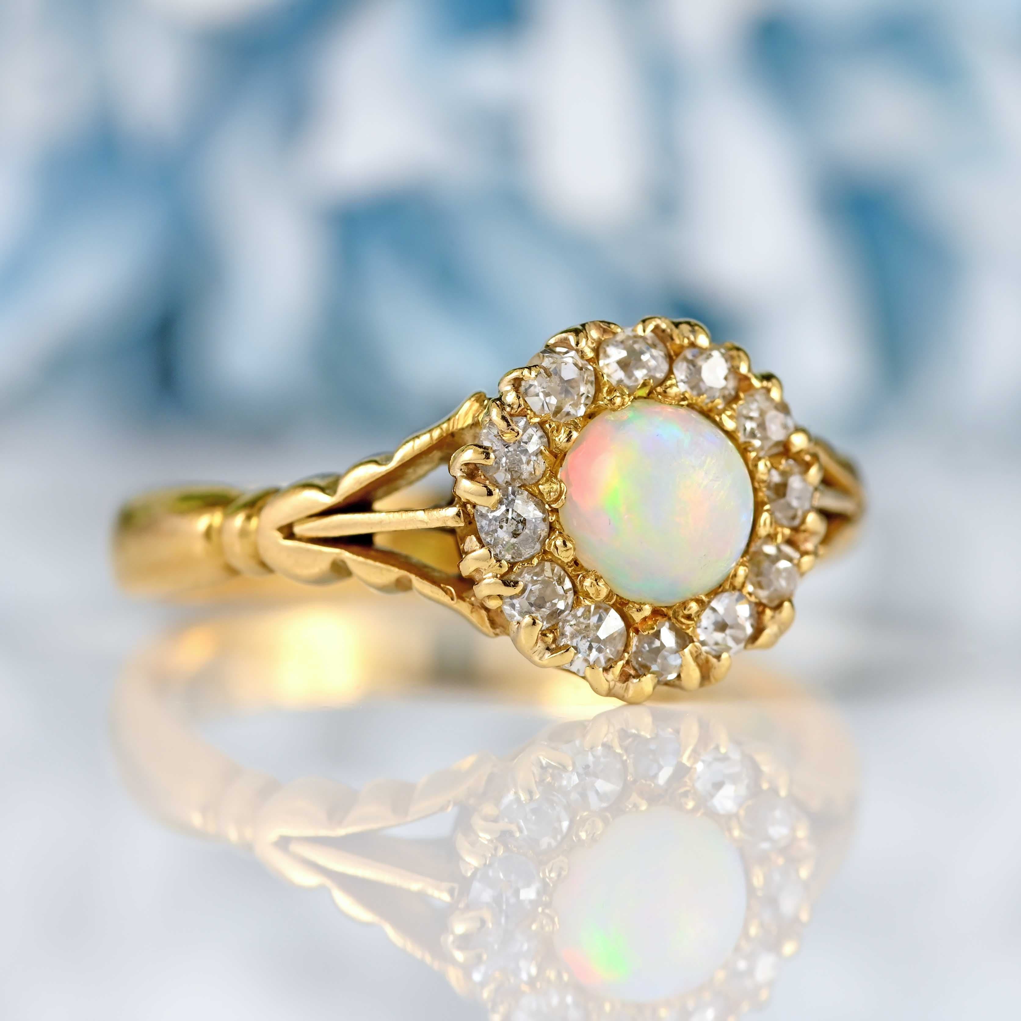 Ellibelle Jewellery Antique Opal & Old-Cut Diamond 18ct Gold Cluster Ring