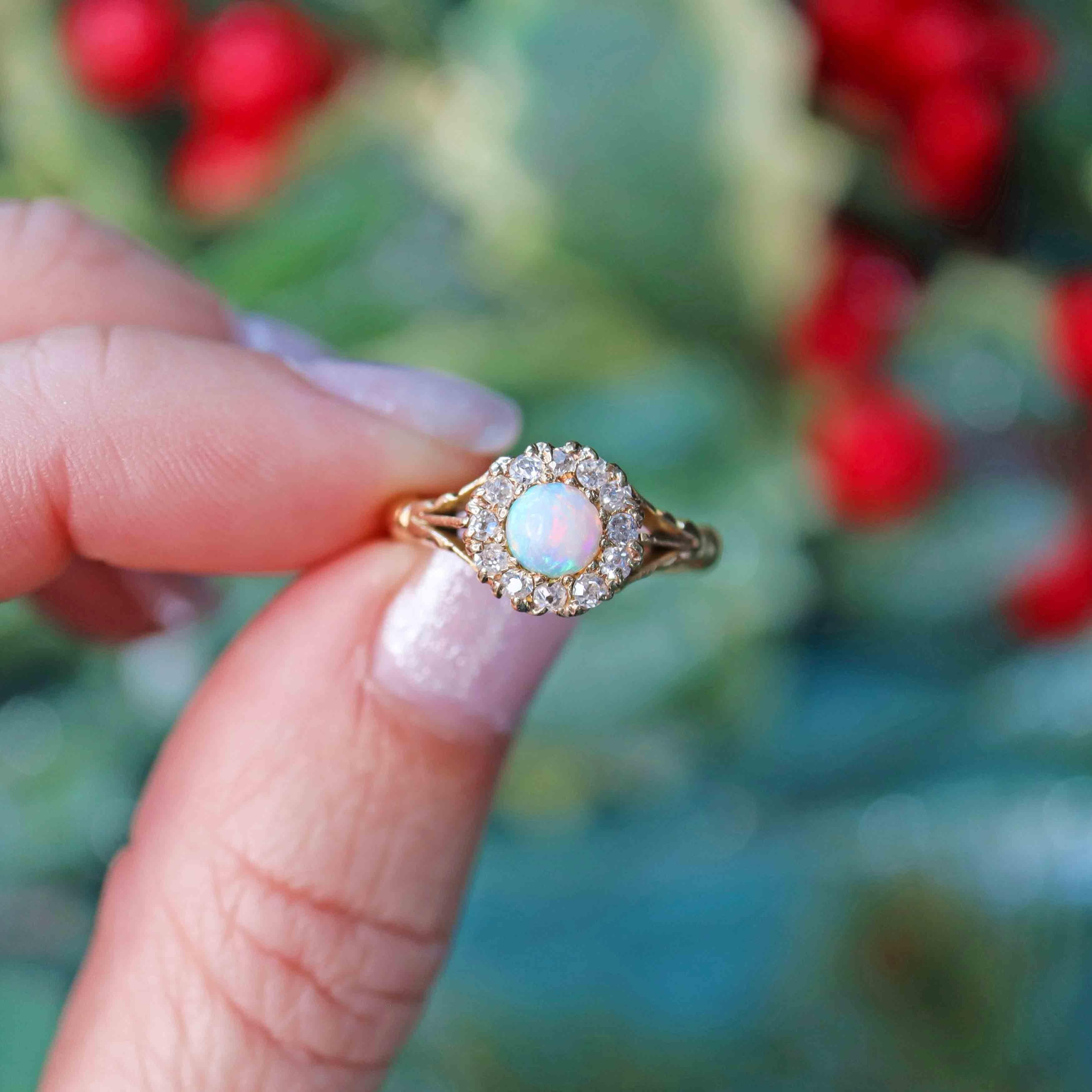 Ellibelle Jewellery Antique Opal & Old-Cut Diamond 18ct Gold Cluster Ring