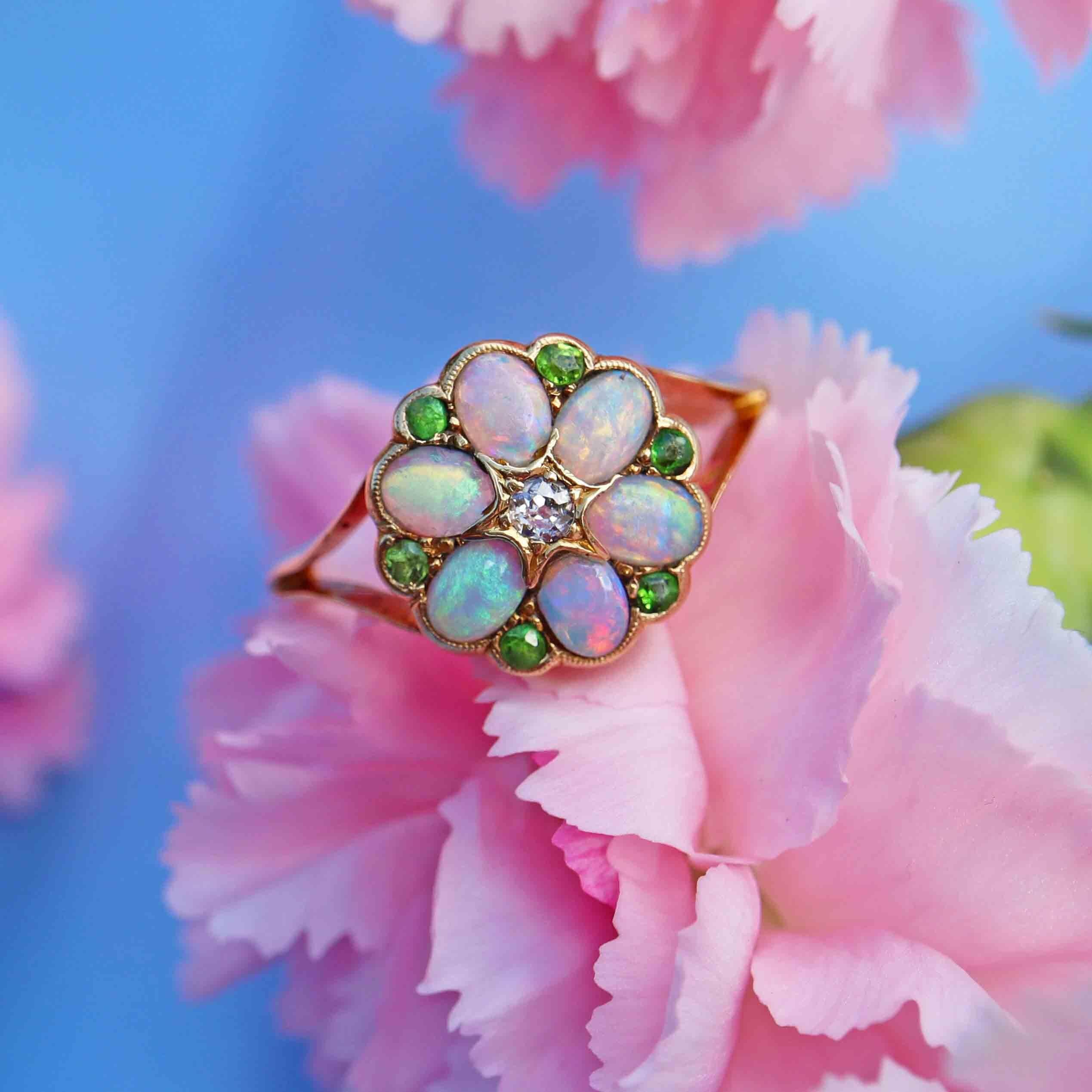 Ellibelle Jewellery Antique Opal, Old-Cut Diamond & Green Gem 18ct Gold Ring