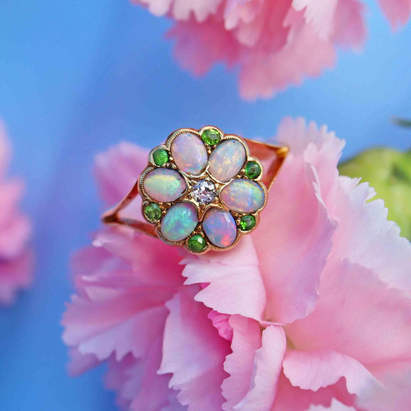 Ellibelle Jewellery Antique Opal, Old-Cut Diamond & Green Gem 18ct Gold Ring