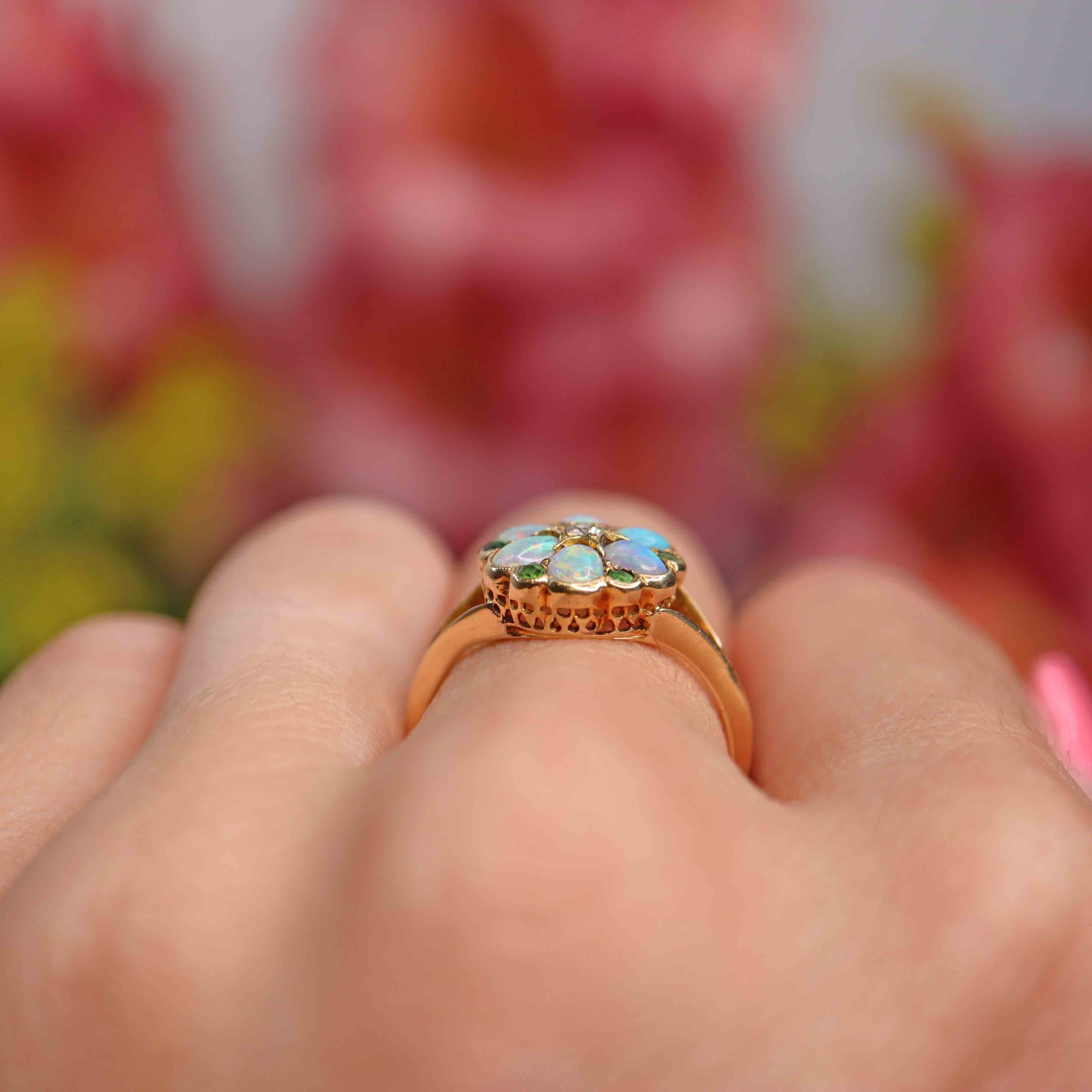 Ellibelle Jewellery Antique Opal, Old-Cut Diamond & Green Gem 18ct Gold Ring