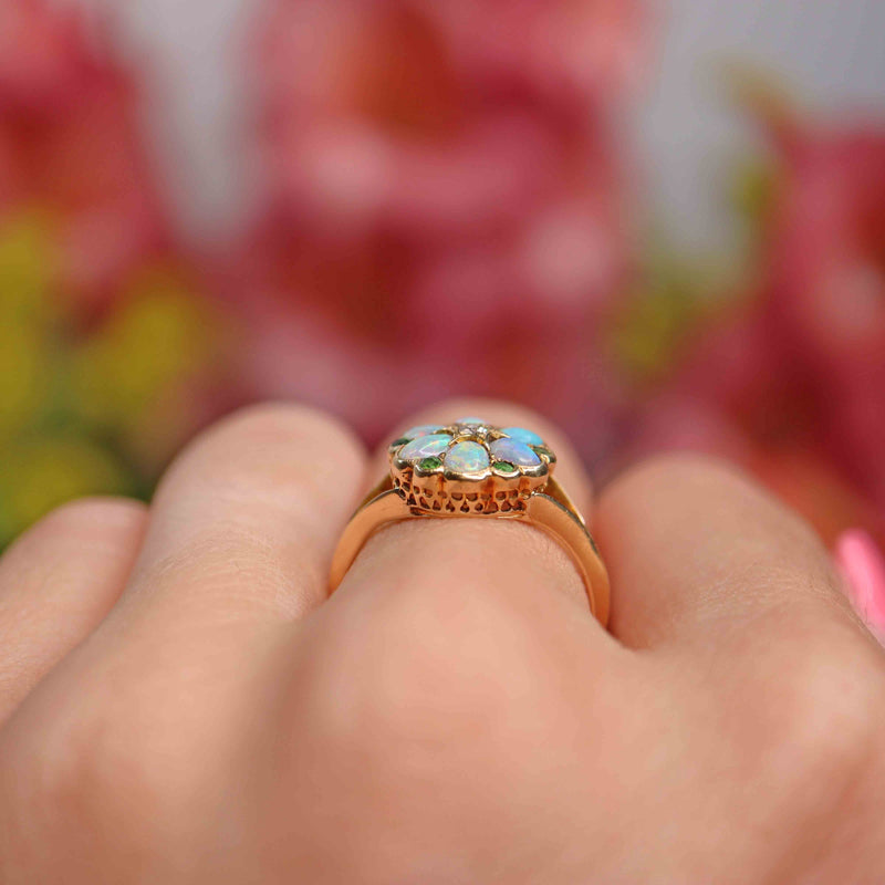 Ellibelle Jewellery Antique Opal, Old-Cut Diamond & Green Gem 18ct Gold Ring