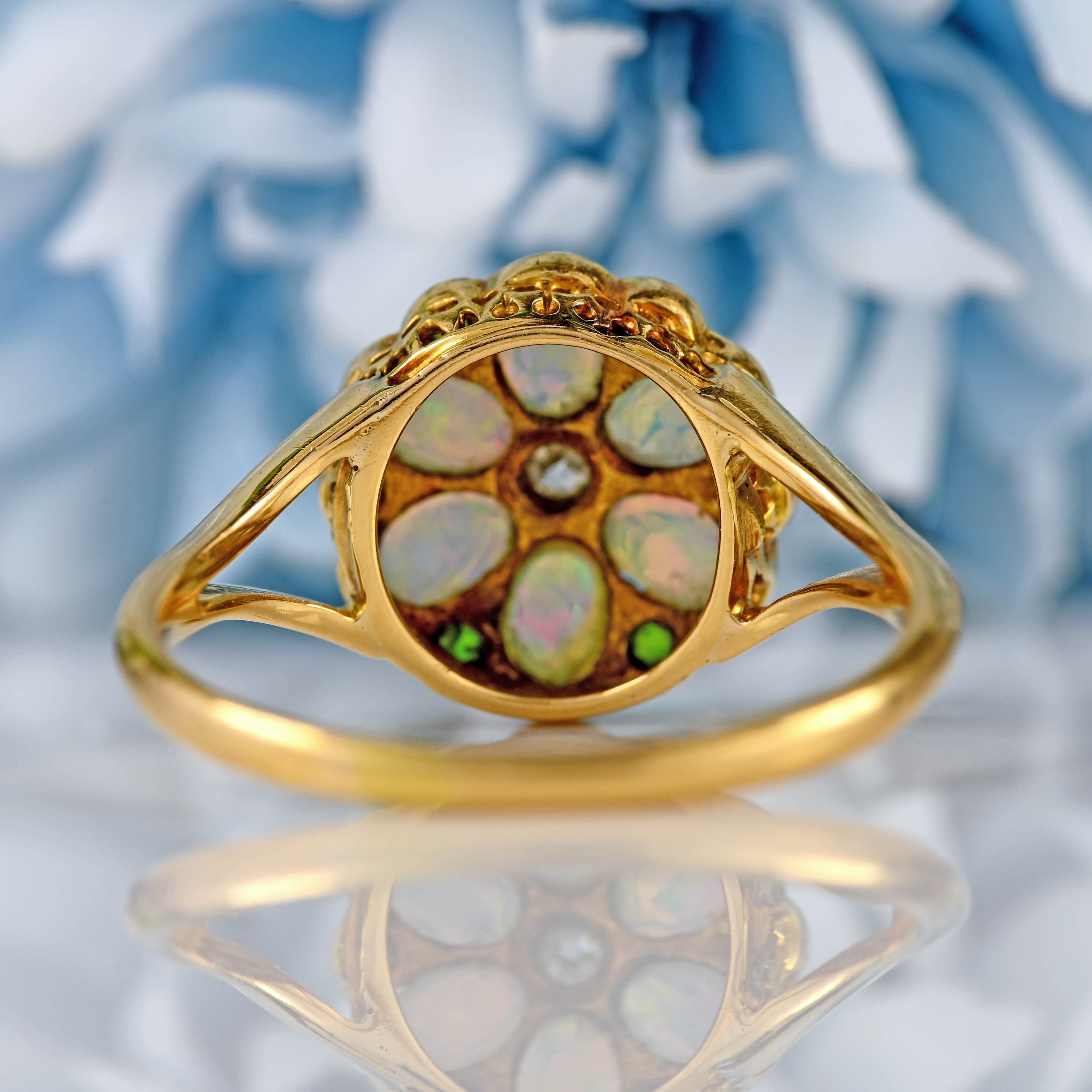 Ellibelle Jewellery Antique Opal, Old-Cut Diamond & Green Gem 18ct Gold Ring