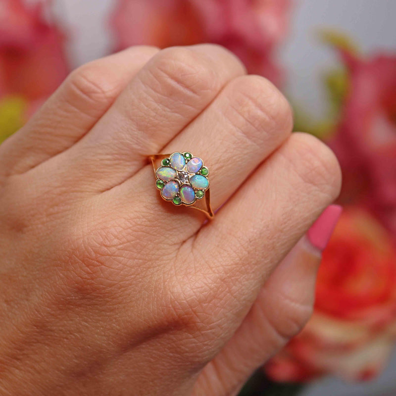 Ellibelle Jewellery Antique Opal, Old-Cut Diamond & Green Gem 18ct Gold Ring