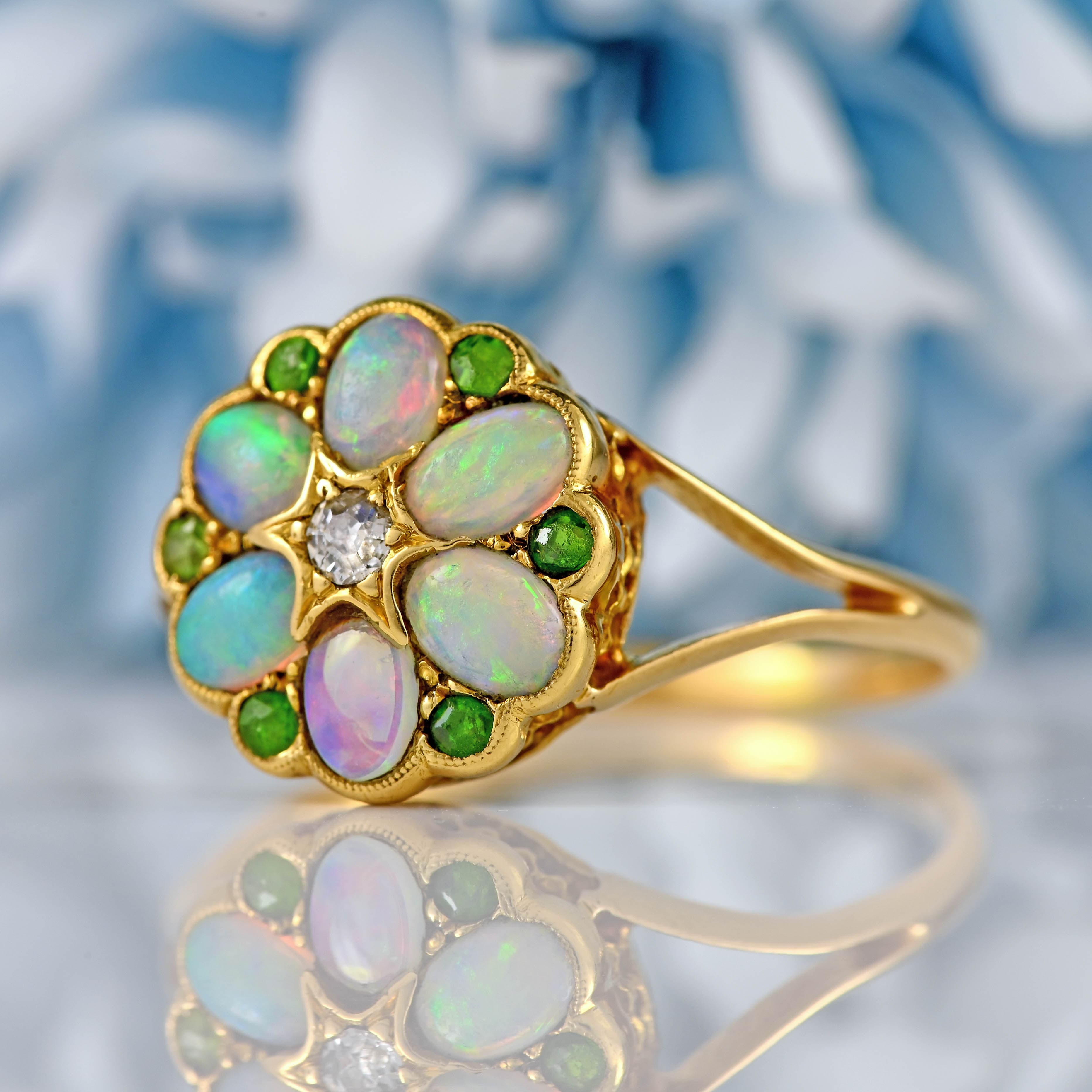 Ellibelle Jewellery Antique Opal, Old-Cut Diamond & Green Gem 18ct Gold Ring