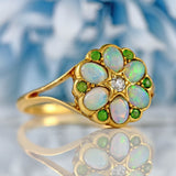 Ellibelle Jewellery Antique Opal, Old-Cut Diamond & Green Gem 18ct Gold Ring