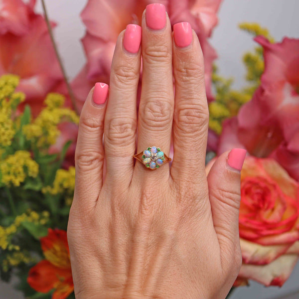 Ellibelle Jewellery Antique Opal, Old-Cut Diamond & Green Gem 18ct Gold Ring