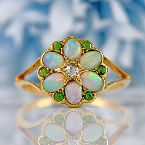Ellibelle Jewellery Antique Opal, Old-Cut Diamond & Green Gem 18ct Gold Ring