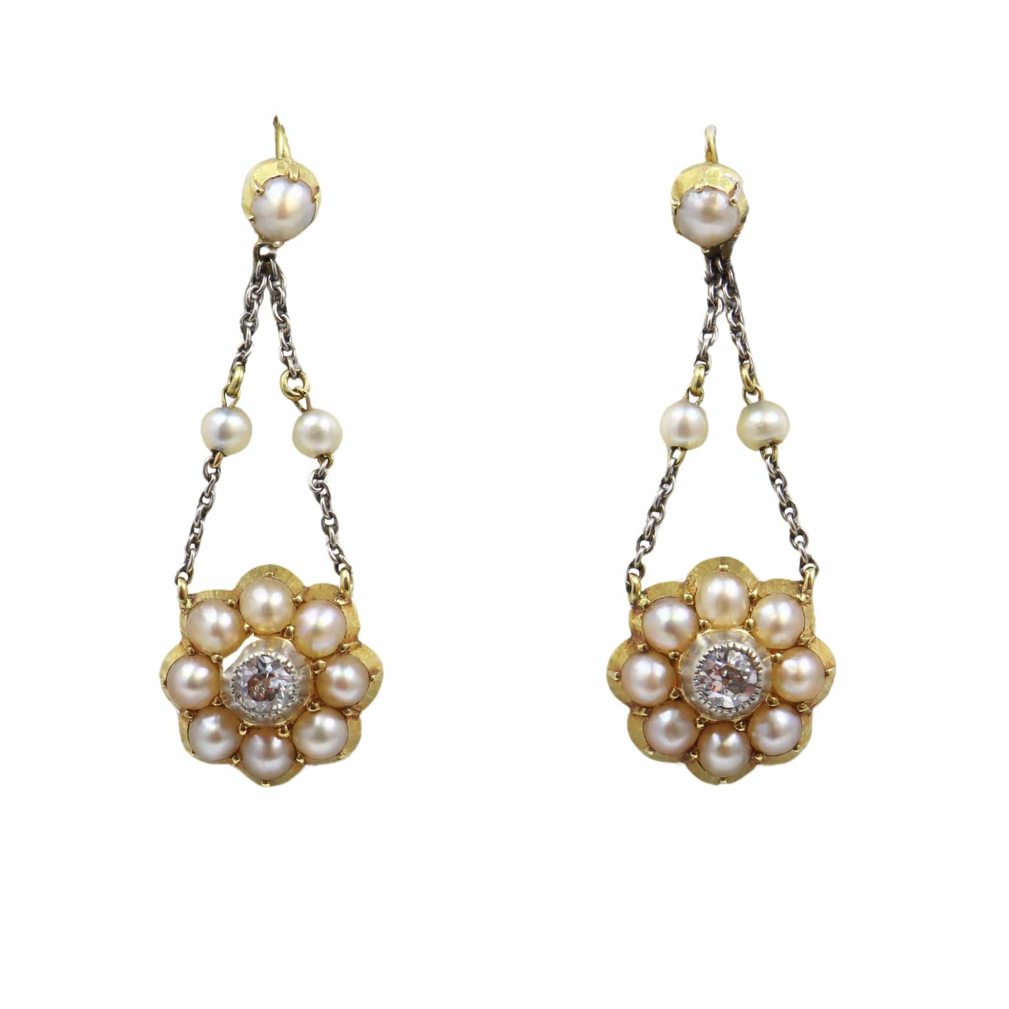 Ellibelle Jewellery Antique Pearl & Diamond Gold Drop Earrings