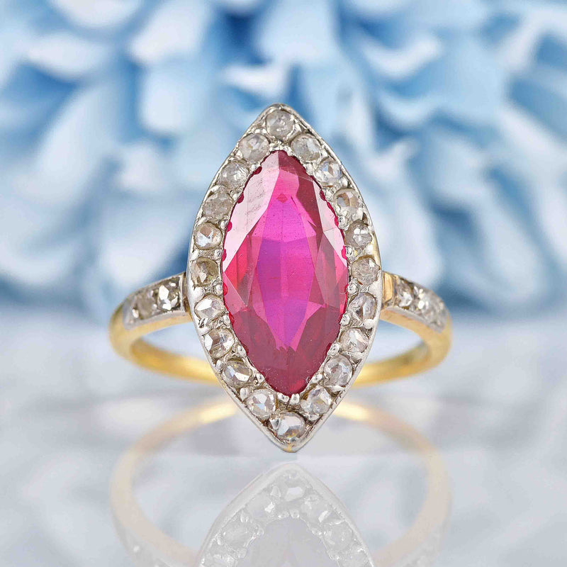 Ellibelle Jewellery Antique Ruby & Rose Cut Diamond Gold Marquise Ring