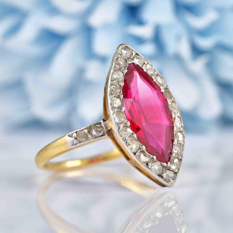 Ellibelle Jewellery Antique Ruby & Rose Cut Diamond Gold Marquise Ring