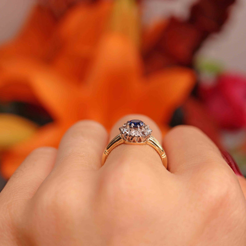 Ellibelle Jewellery Antique Sapphire & Old Cut Diamond 18ct Gold Cluster Ring (0.42cts)