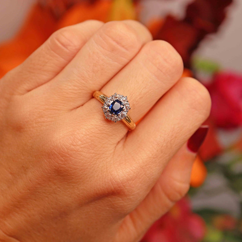 Ellibelle Jewellery Antique Sapphire & Old Cut Diamond 18ct Gold Cluster Ring (0.42cts)
