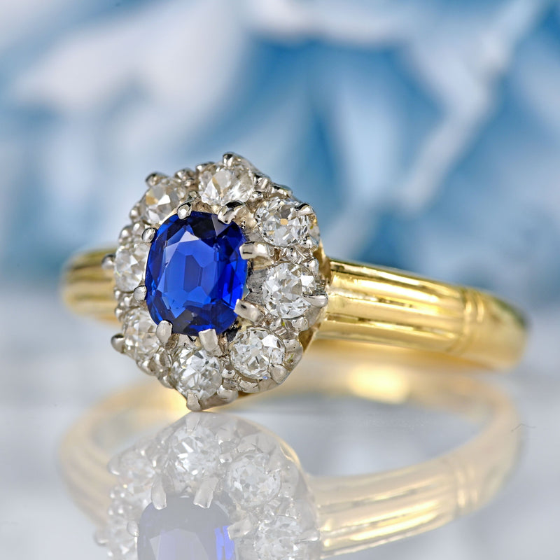 Ellibelle Jewellery Antique Sapphire & Old Cut Diamond 18ct Gold Cluster Ring (0.42cts)