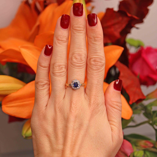 Ellibelle Jewellery Antique Sapphire & Old Cut Diamond 18ct Gold Cluster Ring (0.42cts)