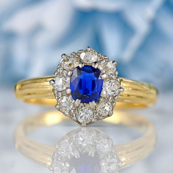 Ellibelle Jewellery Antique Sapphire & Old Cut Diamond 18ct Gold Cluster Ring (0.42cts)