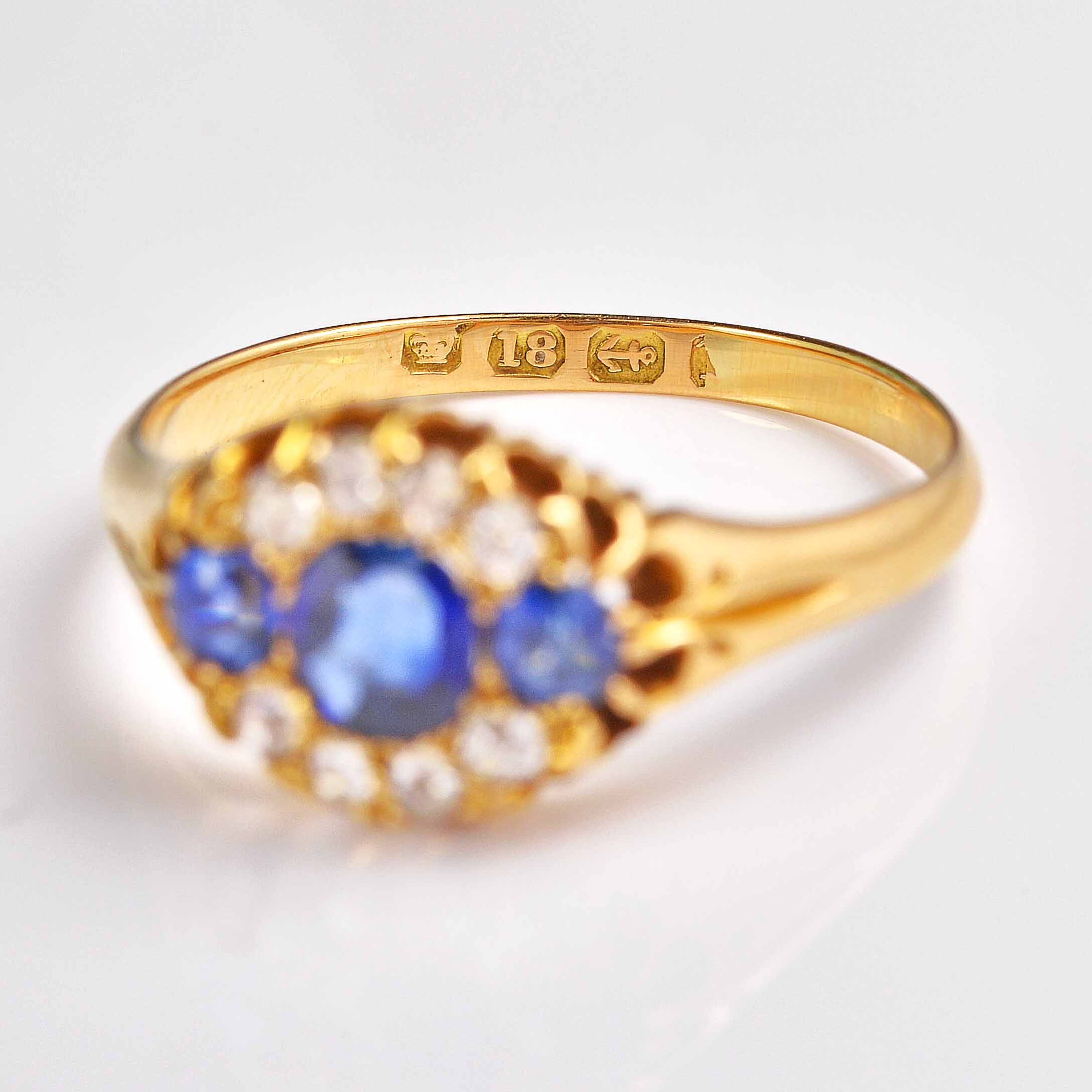 Ellibelle Jewellery Antique Sapphire & Old Mine Cut Diamond 18ct Gold Belcher Ring
