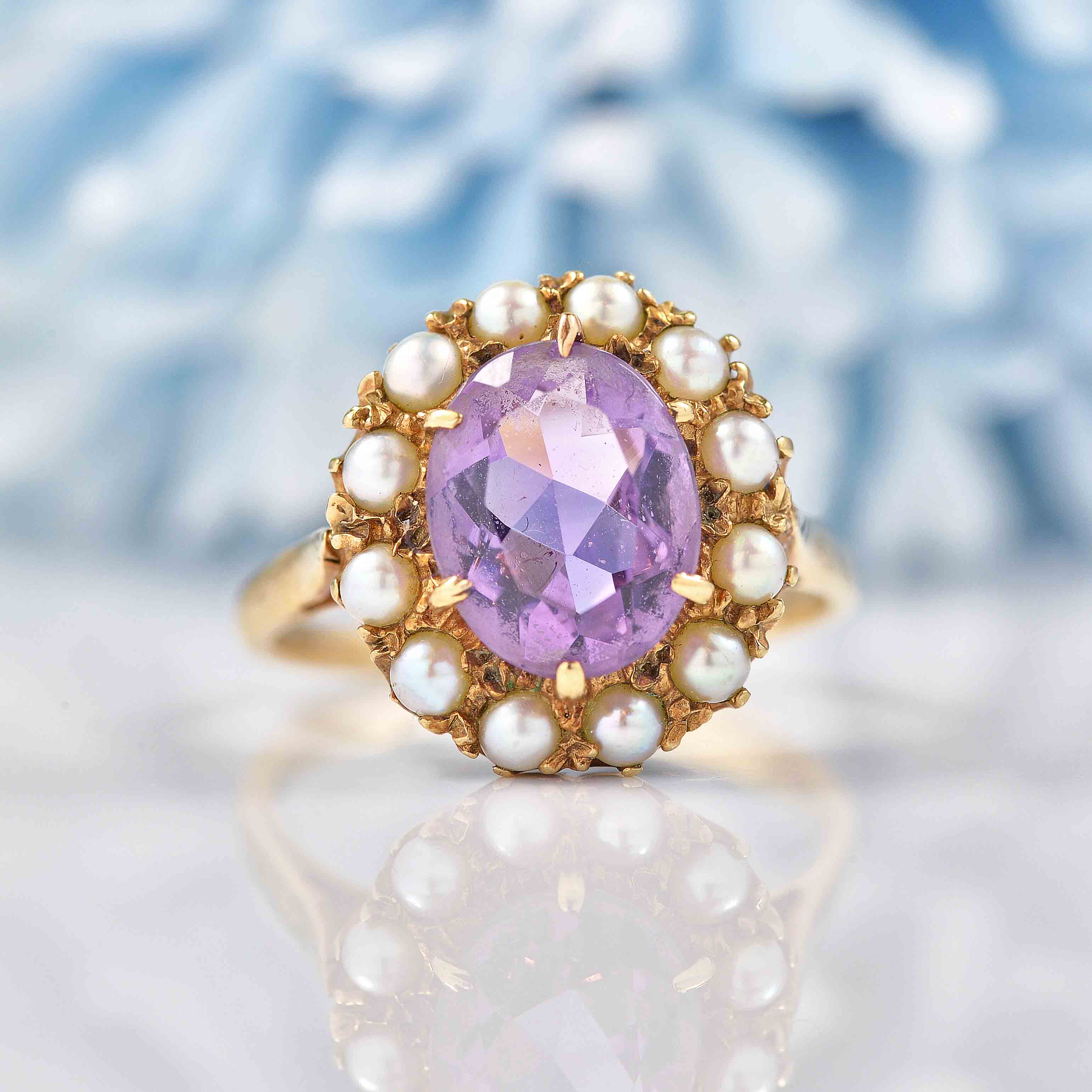 Ellibelle Jewellery Antique Style Amethyst & Pearl Gold Cluster Ring