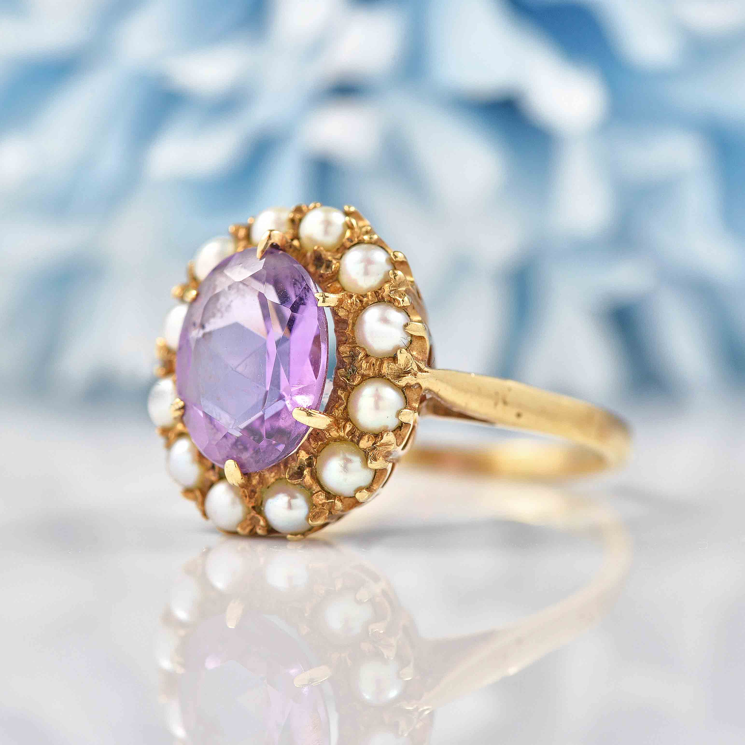 Ellibelle Jewellery Antique Style Amethyst & Pearl Gold Cluster Ring
