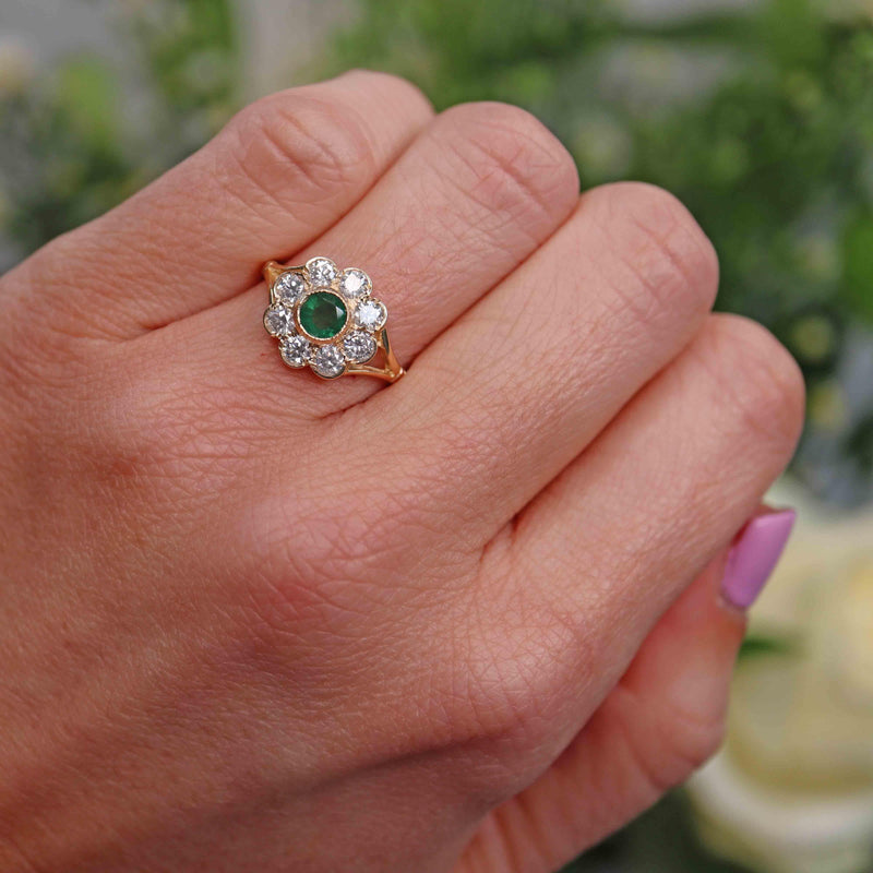 Ellibelle Jewellery Antique Style Emerald & Diamond 9ct Gold Daisy Cluster Ring