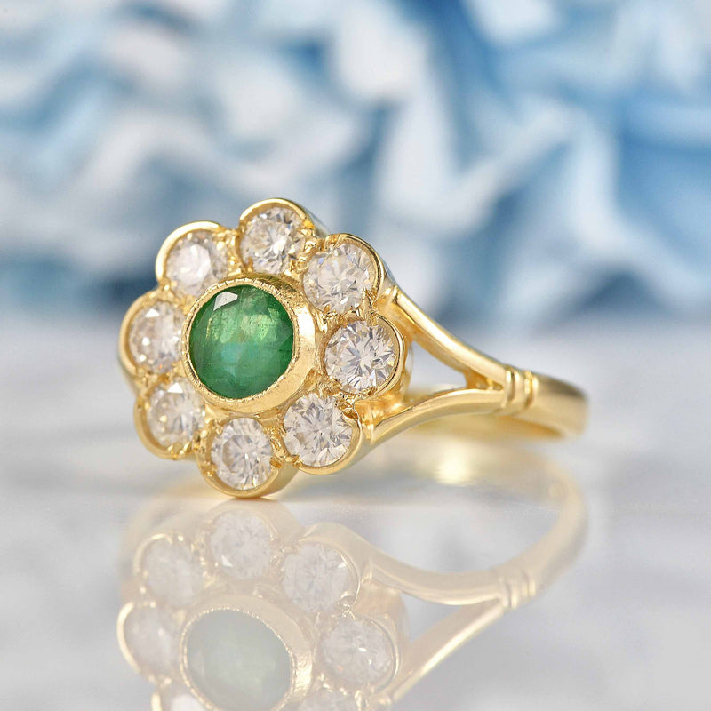 Ellibelle Jewellery Antique Style Emerald & Diamond 9ct Gold Daisy Cluster Ring