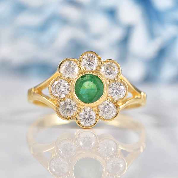 Ellibelle Jewellery Antique Style Emerald & Diamond 9ct Gold Daisy Cluster Ring