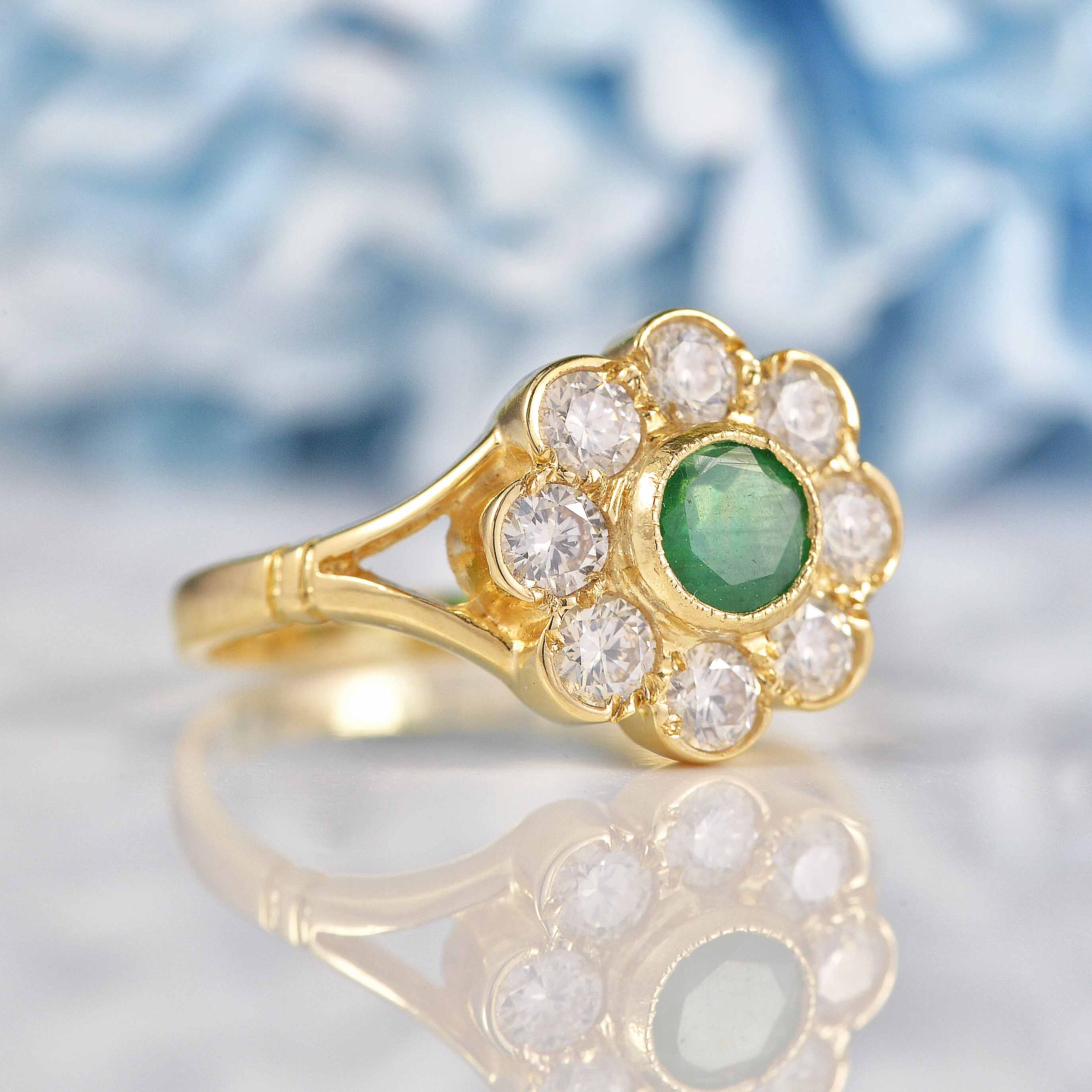 Ellibelle Jewellery Antique Style Emerald & Diamond 9ct Gold Daisy Cluster Ring