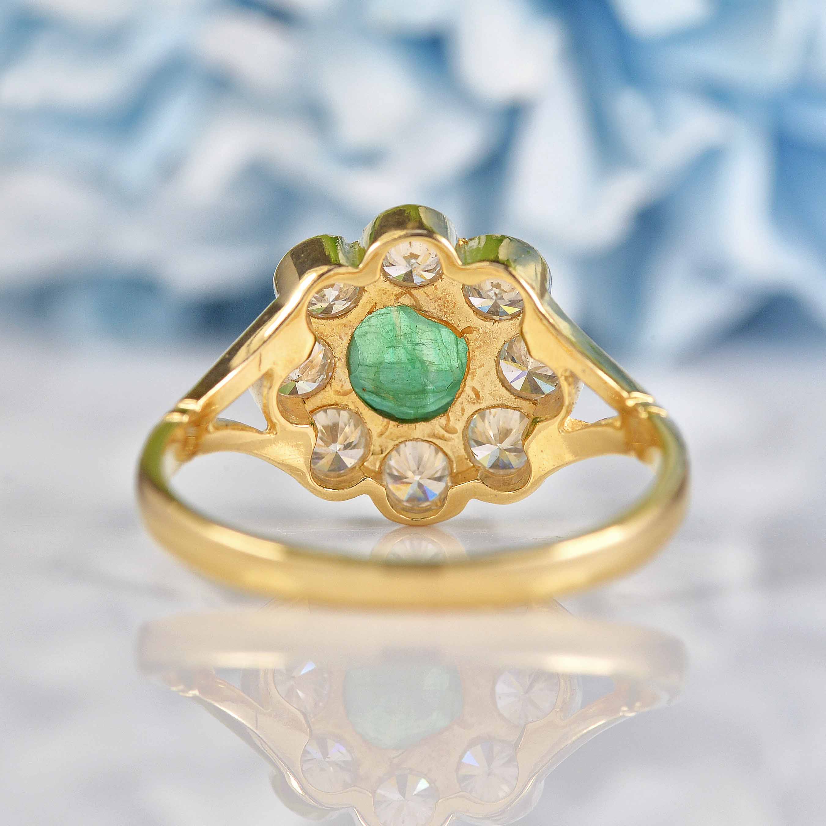 Ellibelle Jewellery Antique Style Emerald & Diamond 9ct Gold Daisy Cluster Ring