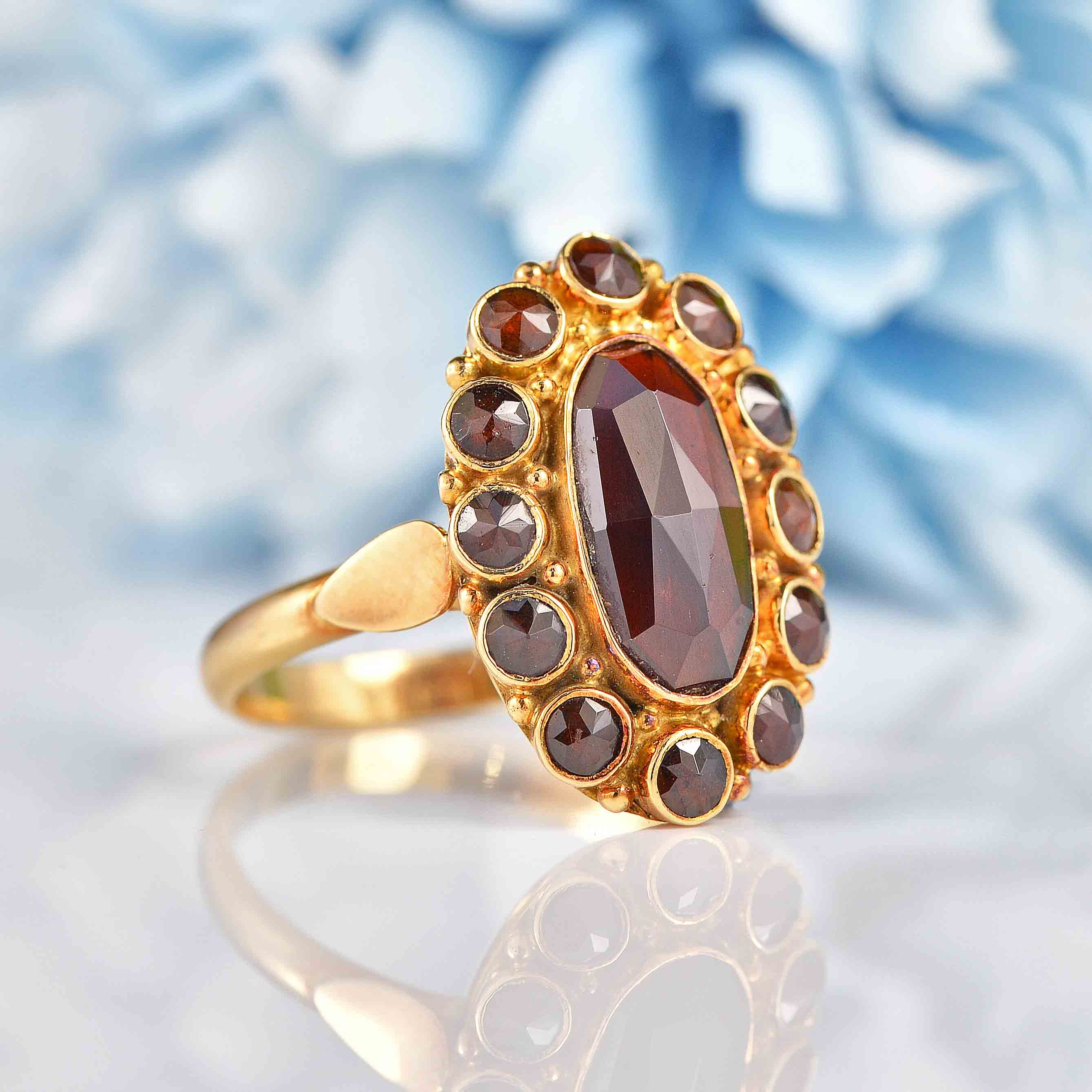 Ellibelle Jewellery Antique Style Garnet 14ct Gold Oval Cluster Ring