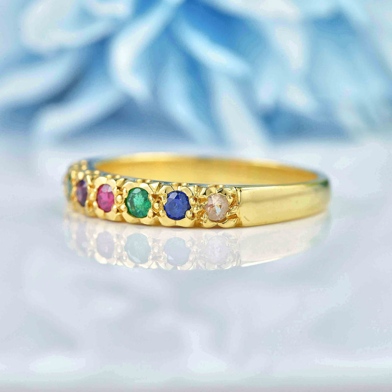 Ellibelle Jewellery Antique Style Multi-Gemstone 'DEAREST' 18ct Gold Acrostic Band Ring