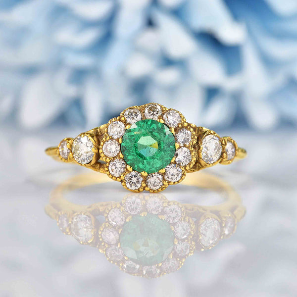 Ellibelle Jewellery Antique Style Natural Emerald & Diamond Gold Engagement Ring