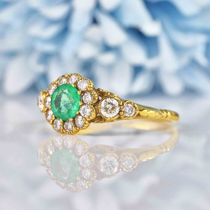 Ellibelle Jewellery Antique Style Natural Emerald & Diamond Gold Engagement Ring