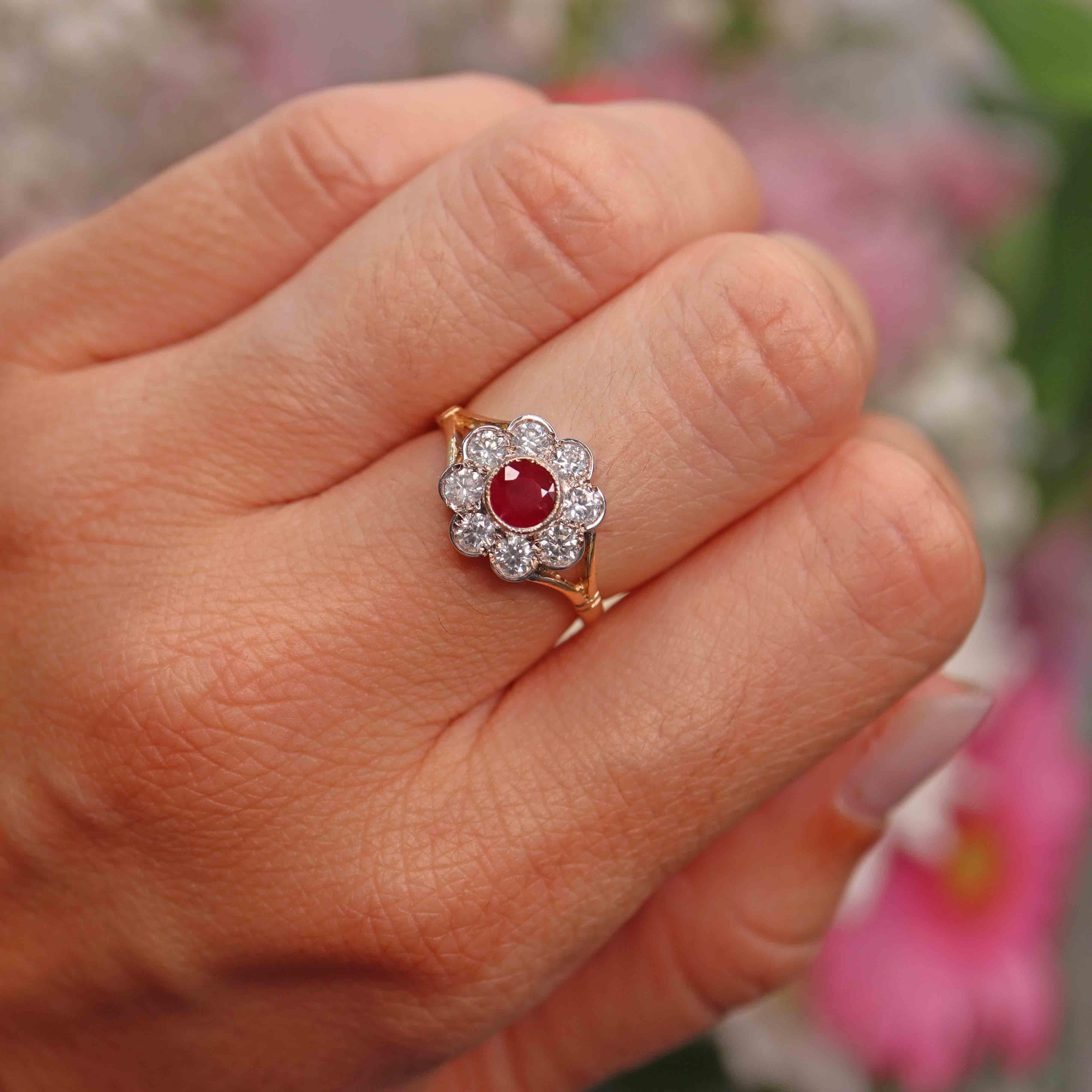 Ellibelle Jewellery Antique Style Ruby & Diamond 9ct Gold Daisy Cluster Ring