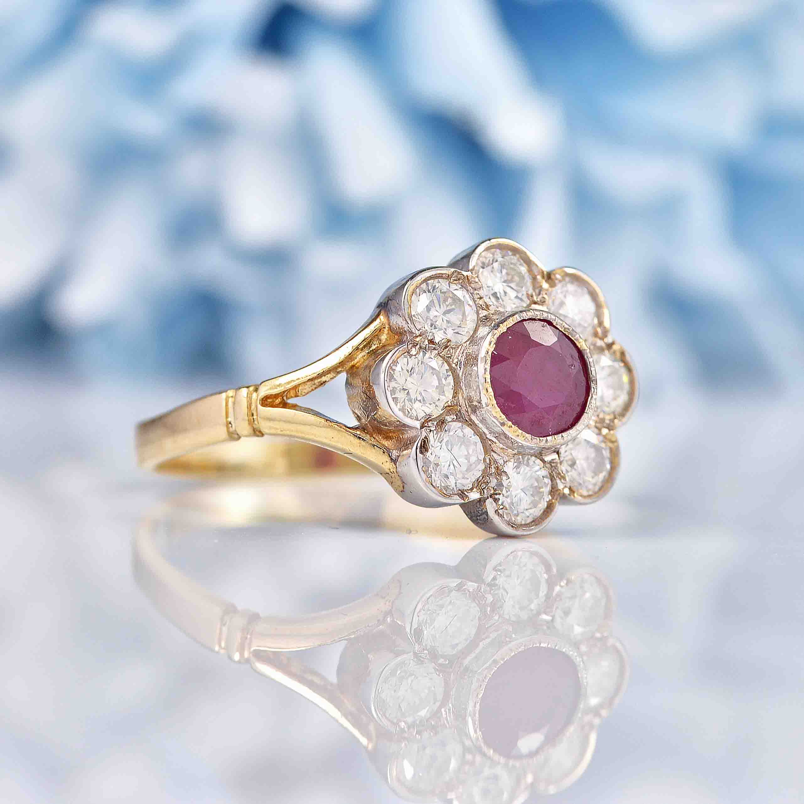 Ellibelle Jewellery Antique Style Ruby & Diamond 9ct Gold Daisy Cluster Ring