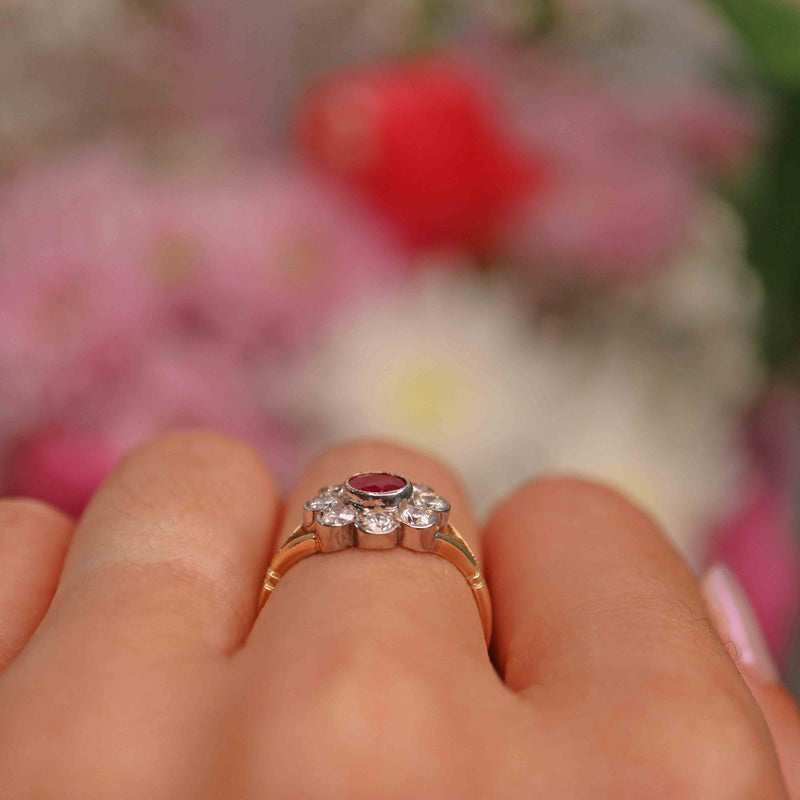 Ellibelle Jewellery Antique Style Ruby & Diamond 9ct Gold Daisy Cluster Ring