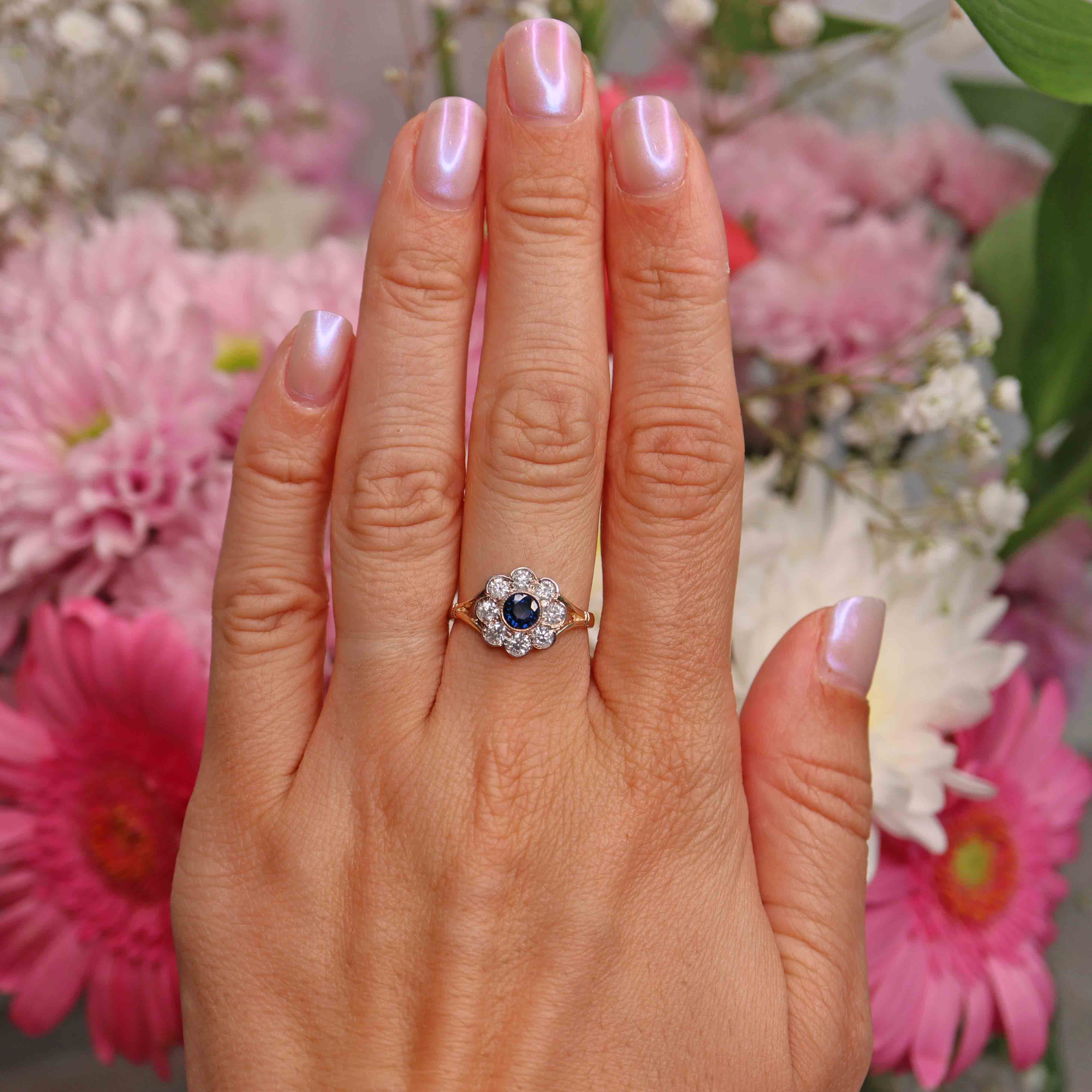 Ellibelle Jewellery Antique Style Sapphire & Diamond 9ct Gold Daisy Cluster Ring
