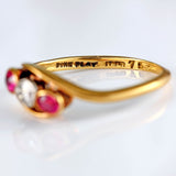 Ellibelle Jewellery Antique Synthetic Ruby & Diamond 18ct Gold Three-Stone Crossover Ring