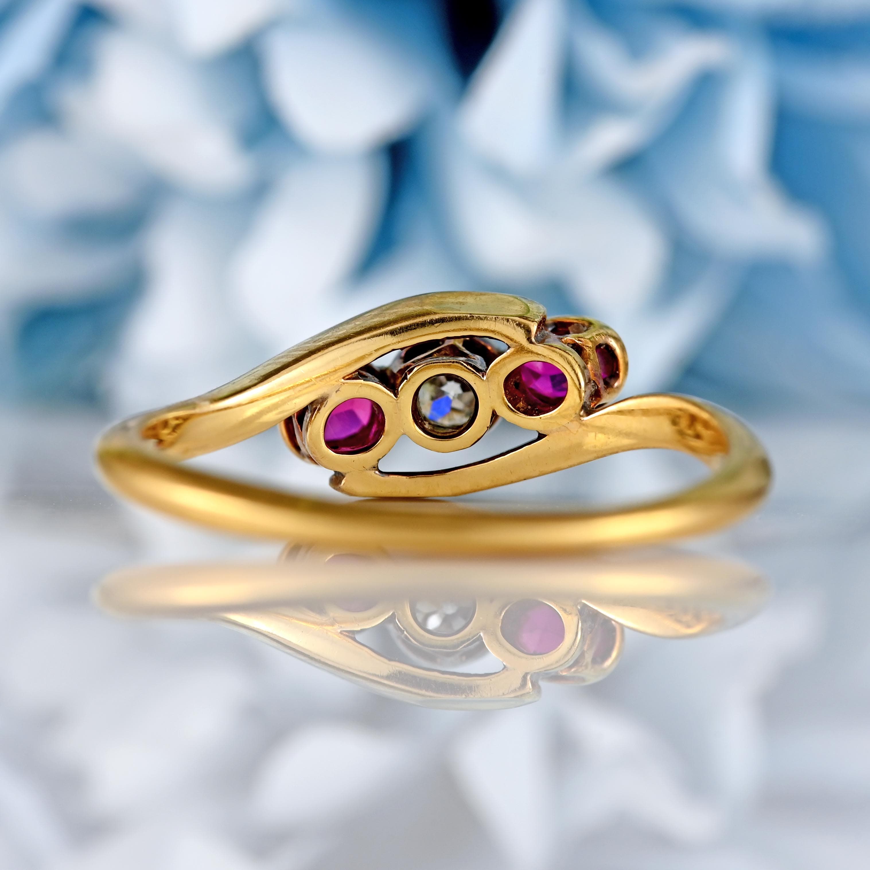 Ellibelle Jewellery Antique Synthetic Ruby & Diamond 18ct Gold Three-Stone Crossover Ring